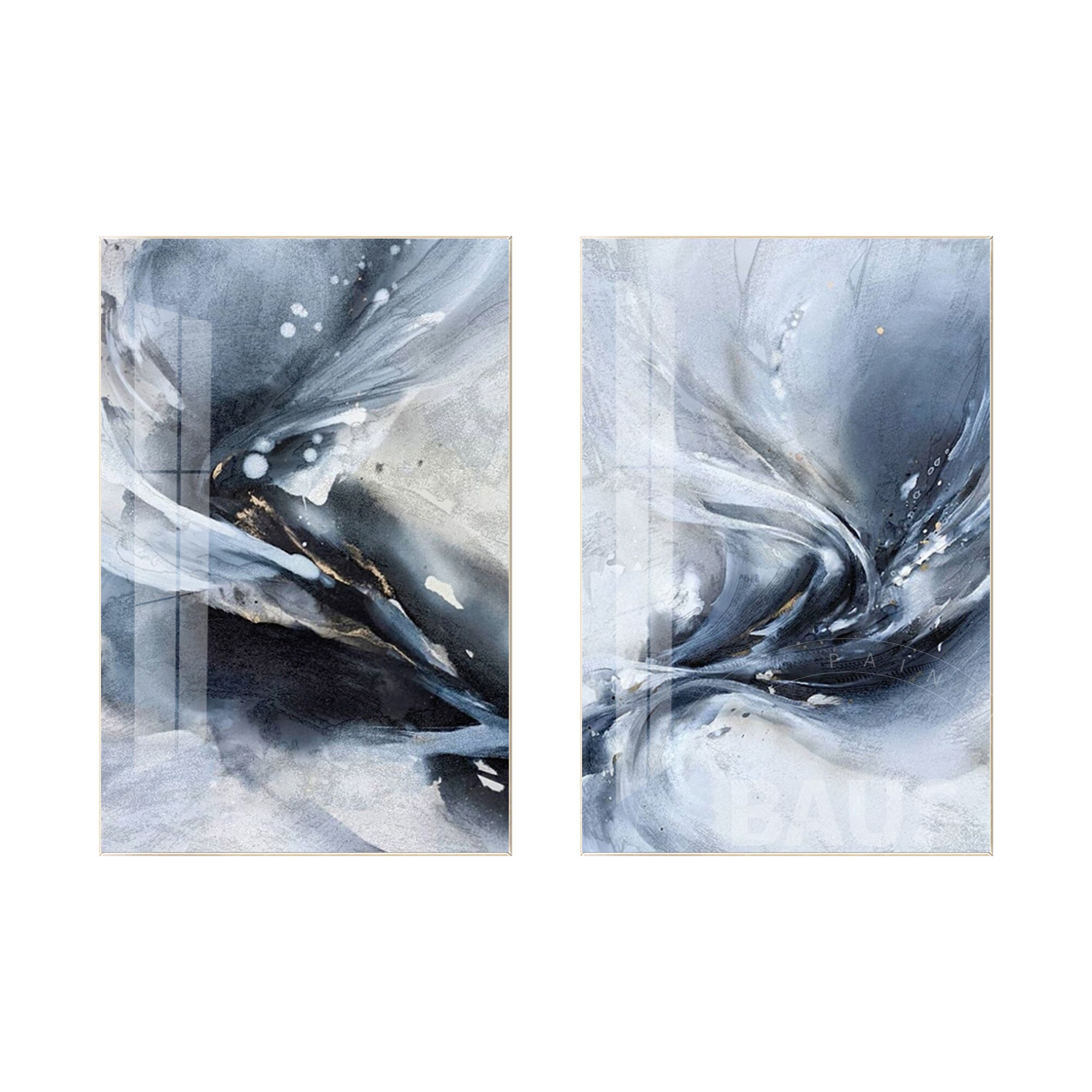 Set of 2 Watercolor Dark Blue Art Abstract Prints on Canvas Framed Wall ...