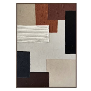 May include: Abstract painting with geometric shapes in shades of brown, beige, and black. The painting has a textured surface and is framed in a brown wood frame.
