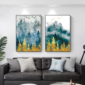 Set Of 2 Turquoise Gold abstract Forest wall art Large mountain Wall Art Minimalist Acrylic Landscape  Painting Modern Canvas Wall Art Decor