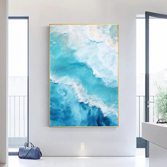 Abstract Blue Ocean Wave Wall Art Textured Painting Teal Canvas