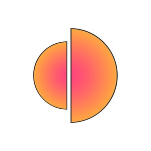 May include: A graphic design featuring two semi-circular shapes separated by a vertical gap. The shapes have a gradient color transition from a vibrant orange at the outer edges to a bright pink in the center, outlined in a thin black line.