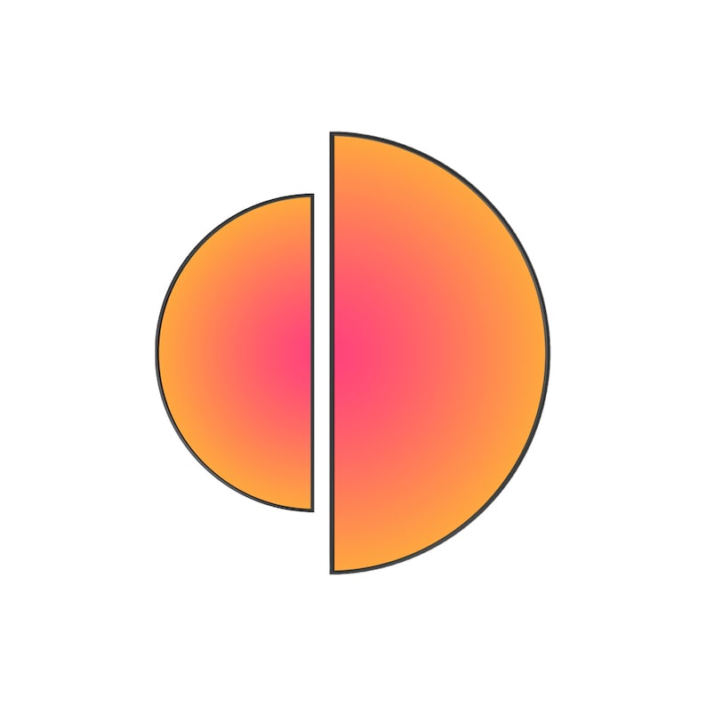 May include: A graphic design featuring two semi-circular shapes separated by a vertical gap. The shapes have a gradient color transition from a vibrant orange at the outer edges to a bright pink in the center, outlined in a thin black line.