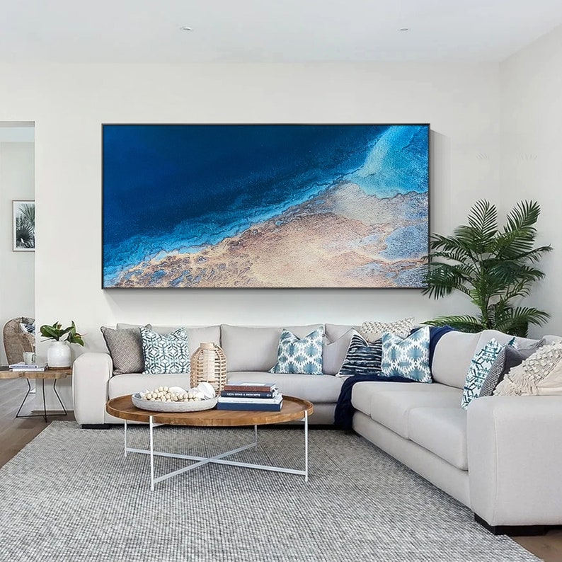Navy Blue Abstract Ocean Painting: Large Framed Canvas Wall Art - Etsy