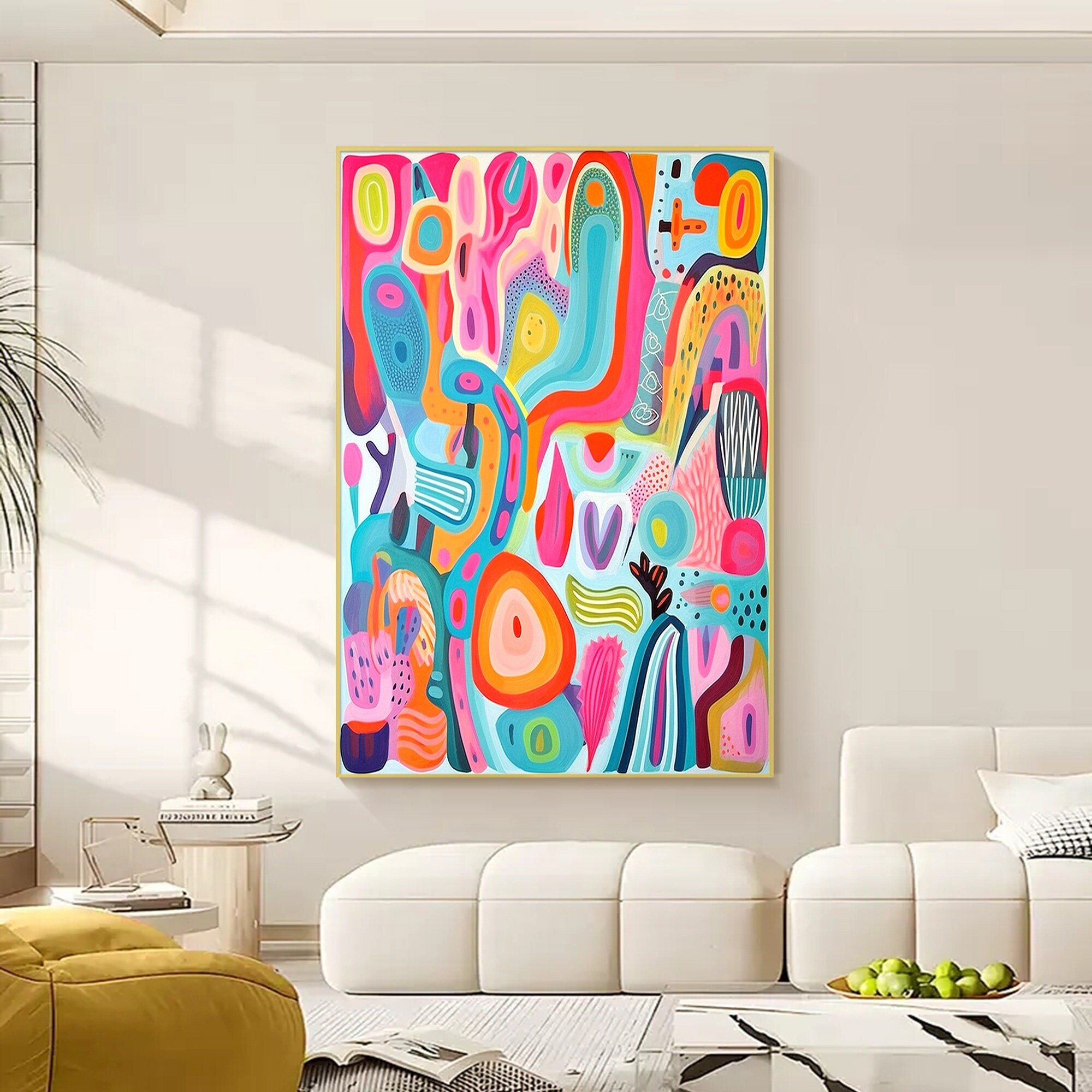 大きな抽象的なグラフィティアート絵画：青、ピンク、ゴールドの