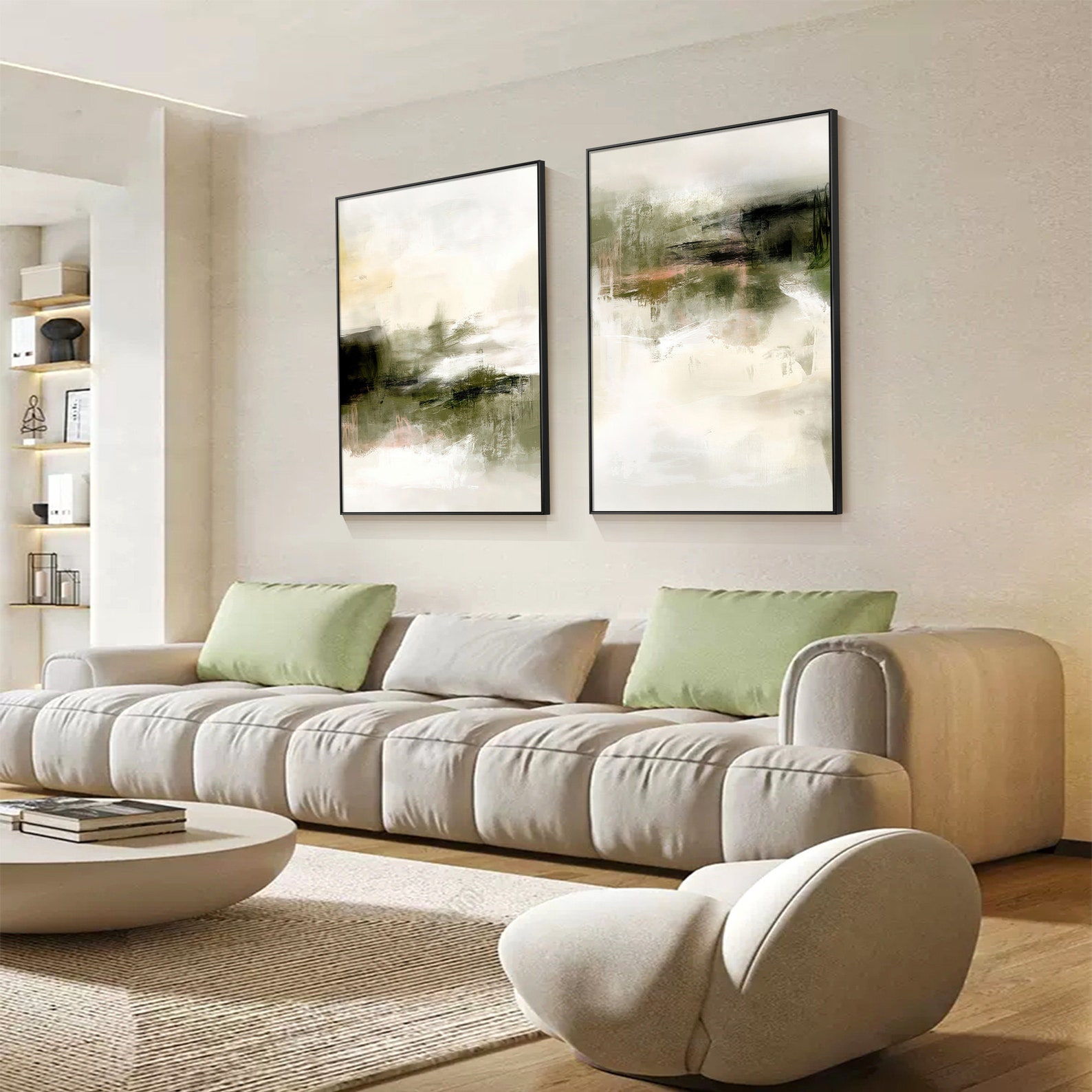 Set of 2 Olive Green Abstract Wall Art on Canvas Landscape Wall Art ...