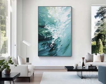 Pintura abstracta oceánica en verde azulado: Arte costero texturizado sobre lienzo