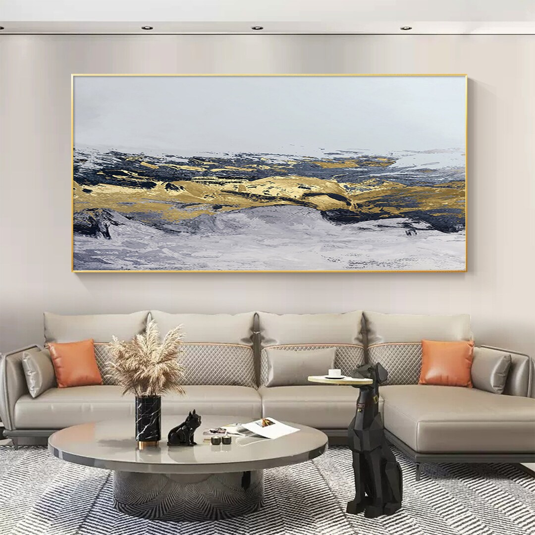 Abstract Blue Gold Wall Art Acrylic Painting on Canvas Large Long ...