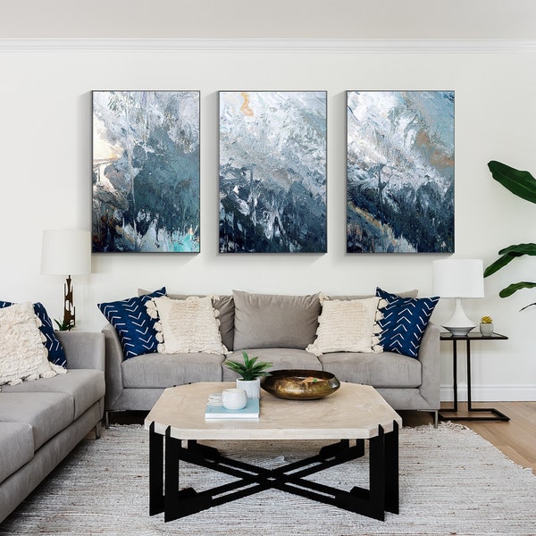 3 Piece Wall Art Sea Waves Abstract Prints Painting On Canvas Framed Wall Art Large Wall Art Set Of 3 Modern Home Decor Living Room Wall Art