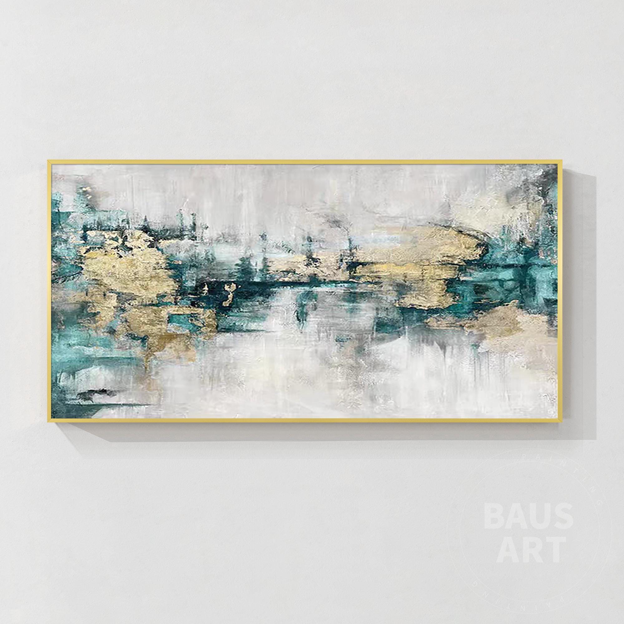 ターコイズとゴールドの抽象的な絵画：大型キャンバスウォールアート