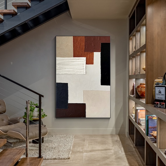 Abstract brown wall art Large Wabisabi Geometric canvas wall art textured painting black wall decor Nordic Art Boho living room home decor