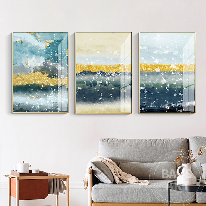Abstract Painting Framed Wall Art Set of 3 Prints Abstract Green Blue and Yellow Painting Large 3 piece Wall Art prints Ready to Hang