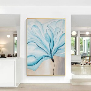 Arte abstracto de la pared de la flor azul gran lienzo pintura pared arte abstracto azul y marrón azul floral pintura arte decoración del hogar decoración de la sala de estar