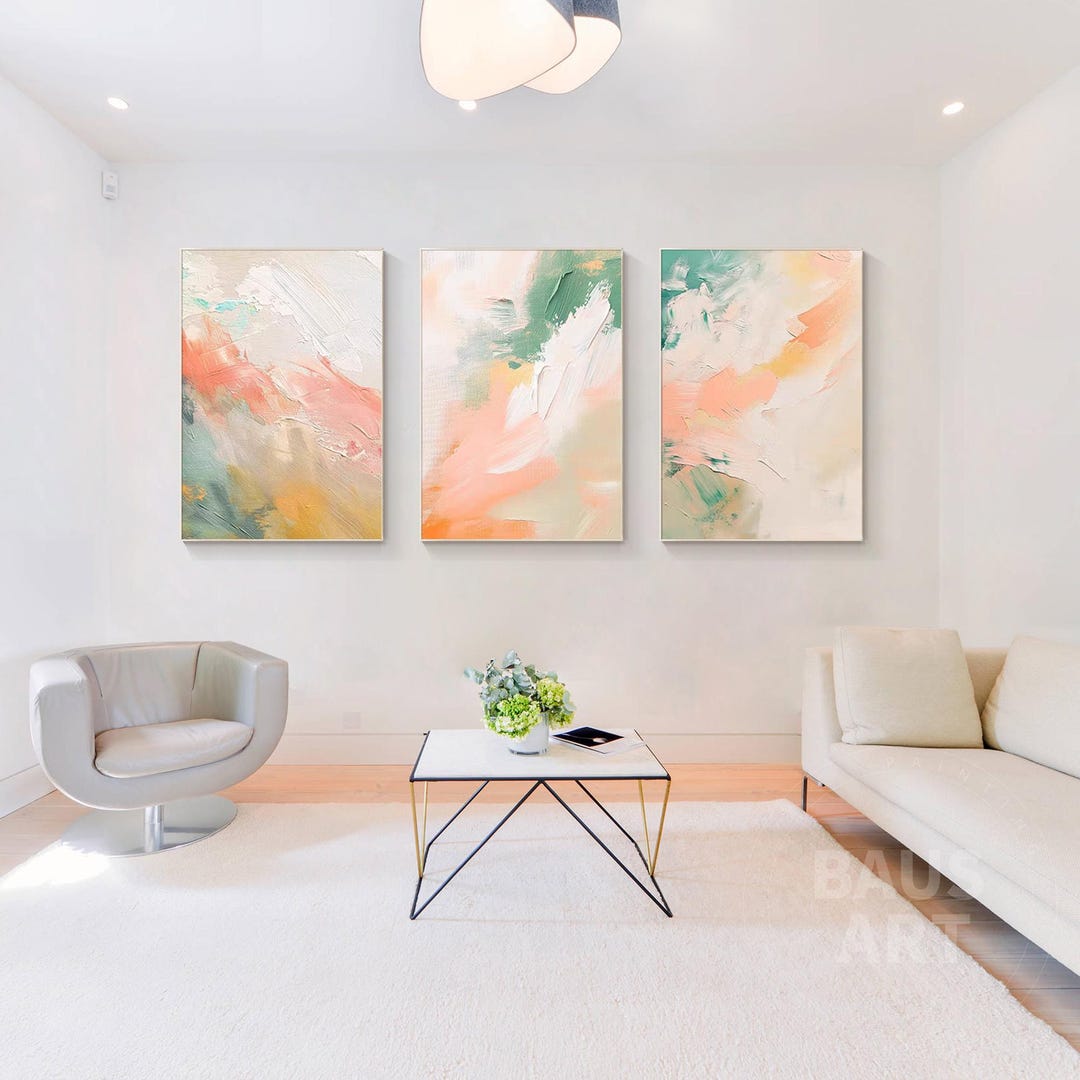 Set of 3 Wall Art Abstract Green Pink Wall Art Petal Pink Wall Decor on ...