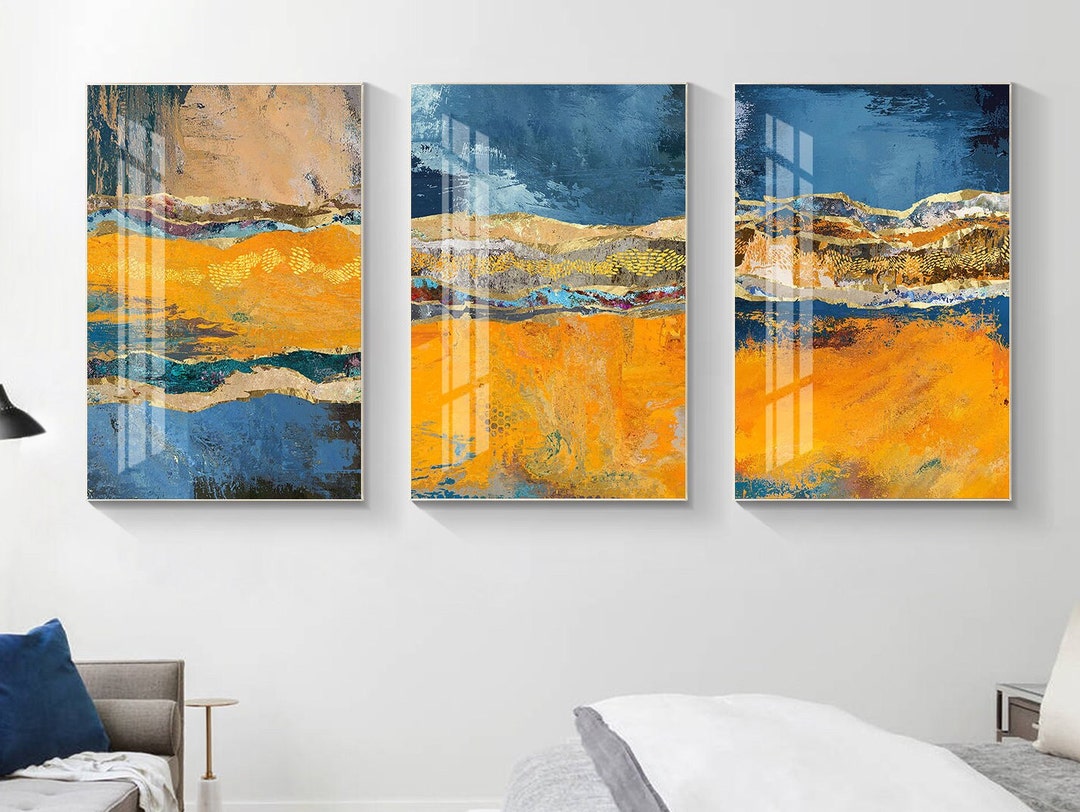 Set of 3 Prints Abstract Blue and Orange Gold Wall Art Etsy