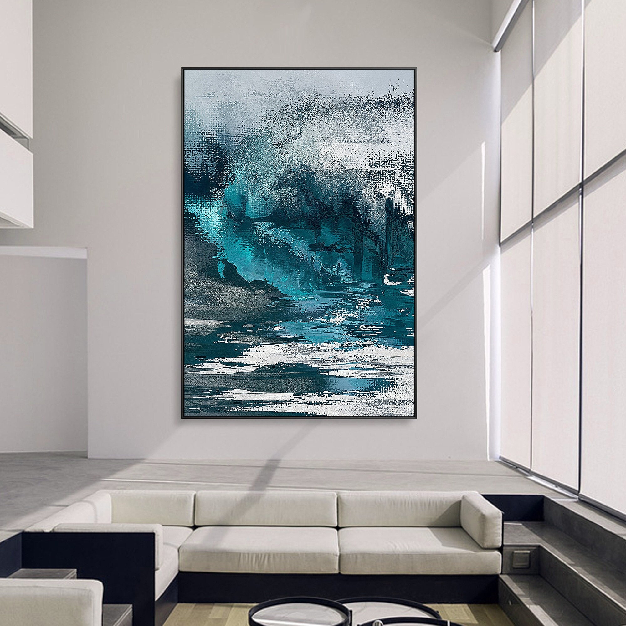 Abstrakte Leinwand-Kunst 61x122 Cm - Schwarz-weiß-grau Mit Blauem Farbverlauf