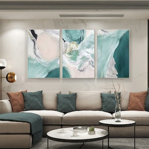 Set of 3 Turquoise wall art Abstract cyan art On Canvas Large textured painting abstract Teal beige wall art large living room decor