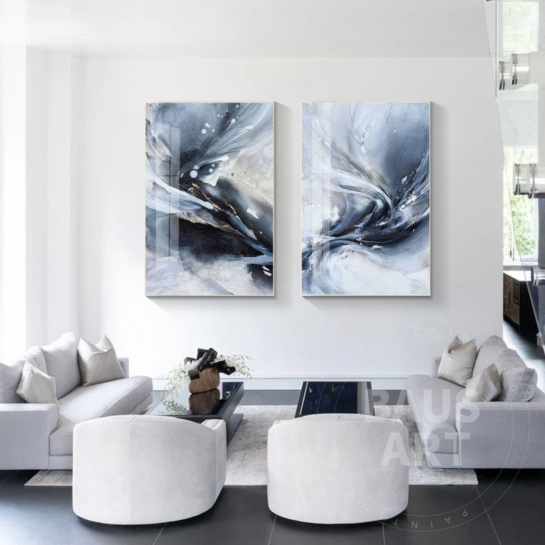 Set of 2 Watercolor Dark Blue Art Abstract Prints on Canvas Framed Wall