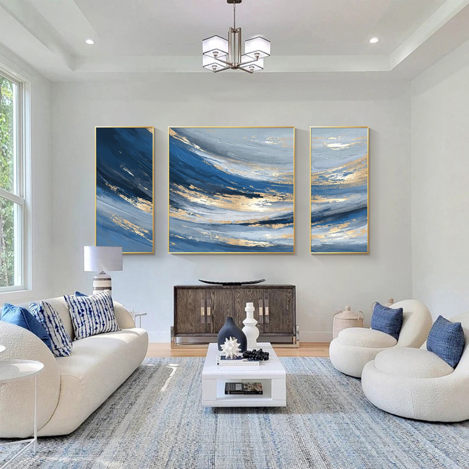 Navy Blue Gold Abstract Wall Art 3 Piece Wall Art Framed Abstract Blue ...