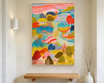 Boho‑abstrakte hügelige Wandkunst, handgemaltes Fluss‑Baum‑Landschaft‑Gemälde, spielerisches Farbblock‑Natur‑Gemälde für Kinderzimmer