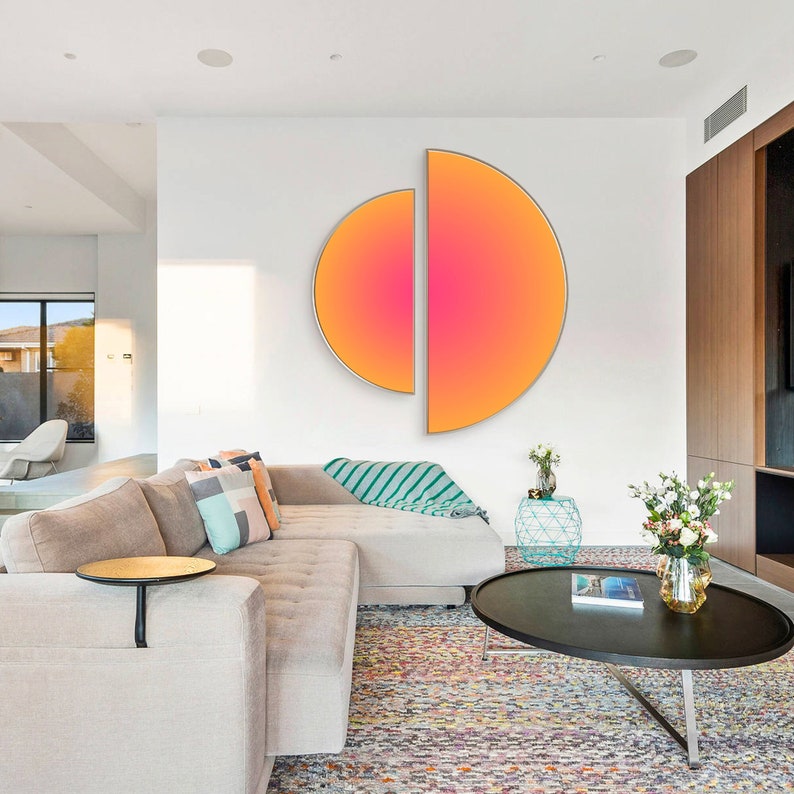 Bright Gradient Wall Art - Geometric Neon Abstract Painting - Unique Pink & Orange Decor
