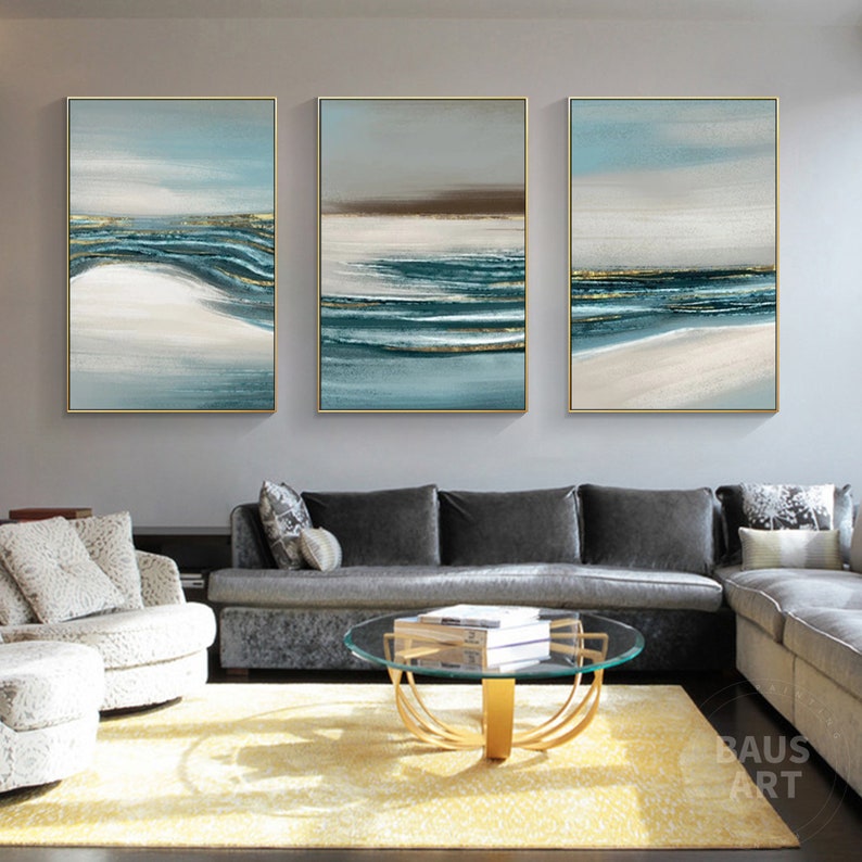 3 Piece Wall Art Abstract Teal Print on Canvas Set of 3 Framed - Etsy
