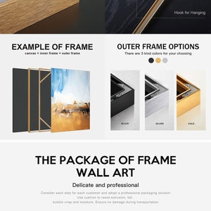 May include: A metal wall art frame featuring a waterproof design, a damp-proof back panel, and a hanging hook. The frame is available in black, silver, and gold finishes. The product includes a canvas, an inner frame, and an outer frame.