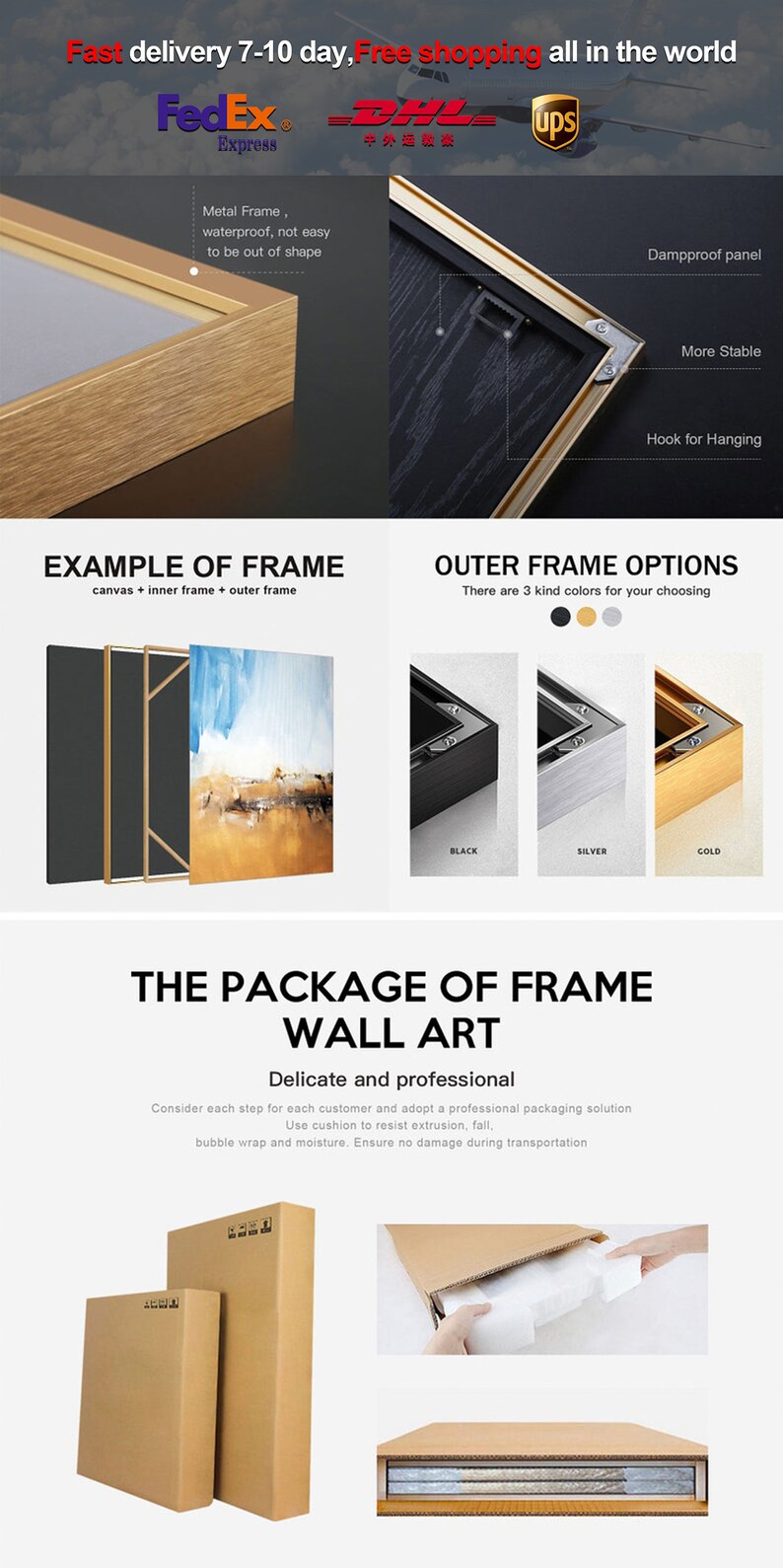 May include: A metal wall art frame featuring a waterproof design, a damp-proof back panel, and a hanging hook. The frame is available in black, silver, and gold finishes. The product includes a canvas, an inner frame, and an outer frame.