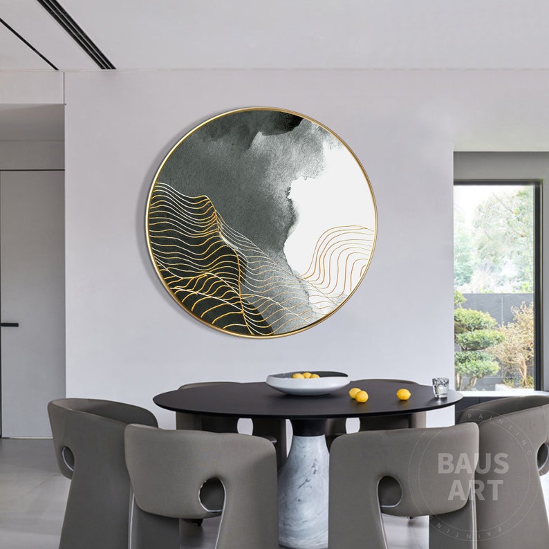 Black and Gold Abstract Prints on Canvas Round Framed Wall Art Etsy