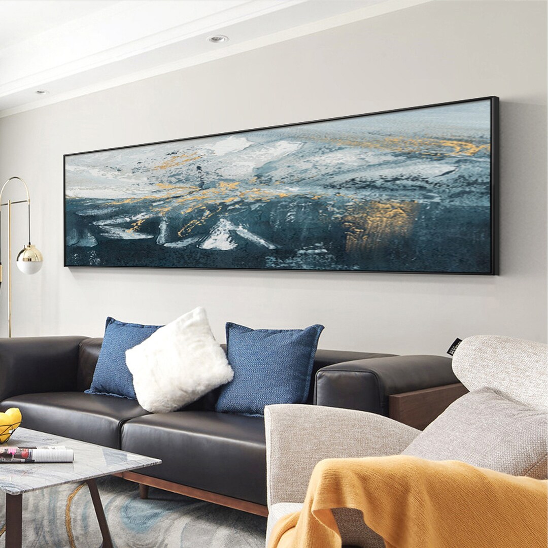 Blue Gold Wall Art Large Long Wall Art Abstract Minimalist Mountain