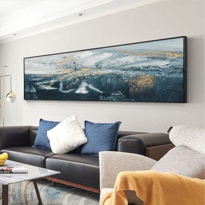 Arte de pared de oro azul Arte de pared larga grande Abstracto Minimalista Montaña Pared Arte paisaje Acrílico sobre lienzo arte Teal azul texturizado Arte de pared
