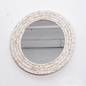 Pearl Round Mirror, Handcrafted Luxury Wall Mirror with Gold Trim, Iridescent Shell Vanity Mirror, Modern Coastal Home Decor