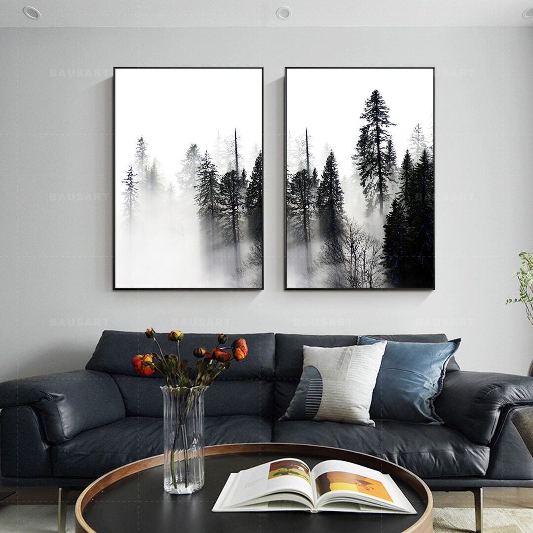 2 Piece Wall Art Misty Forest Prints on Canvas Set of 2 Large Framed