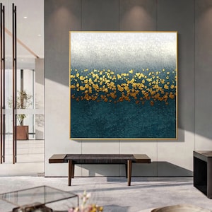 Abstract blue gold wall art Acrylic Painting On Canvas gold peacock blue Textured Painting square Modern art minimalist living room decor