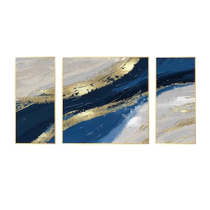Set of 3 Navy Blue and Gold Abstract Ocean Wall Art Extra Large Wall ...