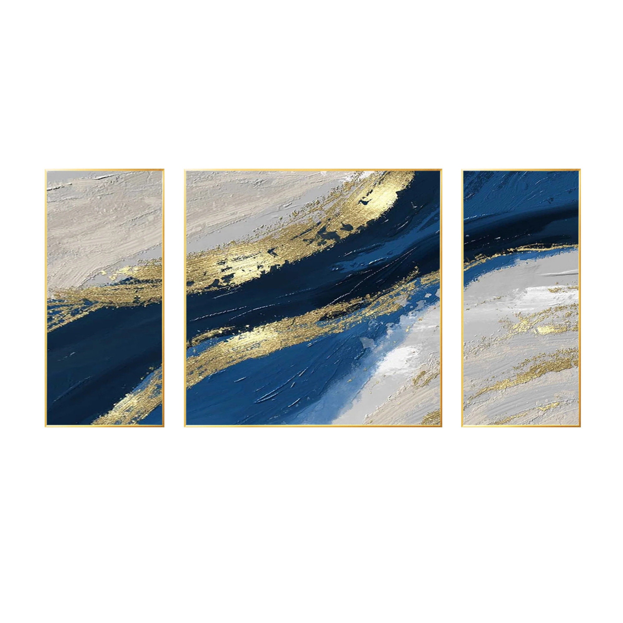Set of 3 Navy Blue and Gold Abstract Ocean Wall Art Extra Large Wall ...