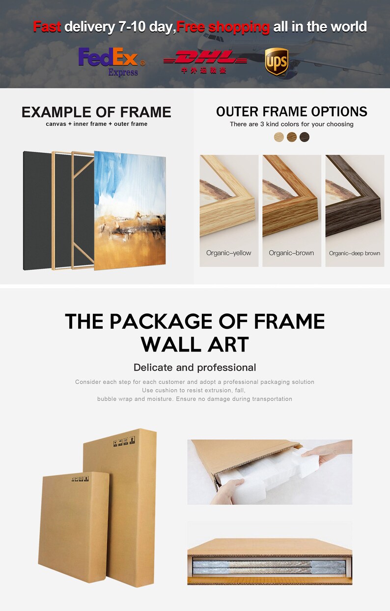 Pu&ograve; includere: Un'opera d'arte murale su tela incorniciata con un dipinto di paesaggio. La cornice &egrave; disponibile in tre colori: giallo organico, marrone organico e marrone scuro organico. Il pacchetto include un cuscino protettivo e pellicola a bolle per una spedizione sicura.