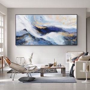 Navy blue wall art Abstract Painting Landscape Mountain Wall Art blue gold  wall Art on Large Wall Art textured wall art living room decor