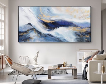 Navy blue wall art Abstract Smoky Mountain Painting canvas Horizontal original  Extra Large living room decor