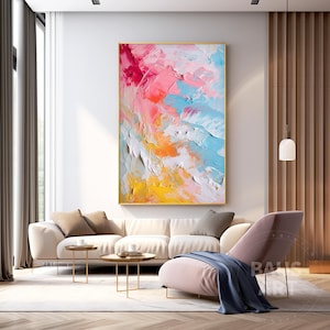 Pink & Blue yellow Abstract Canvas Painting: Textured Modern Wall Art
