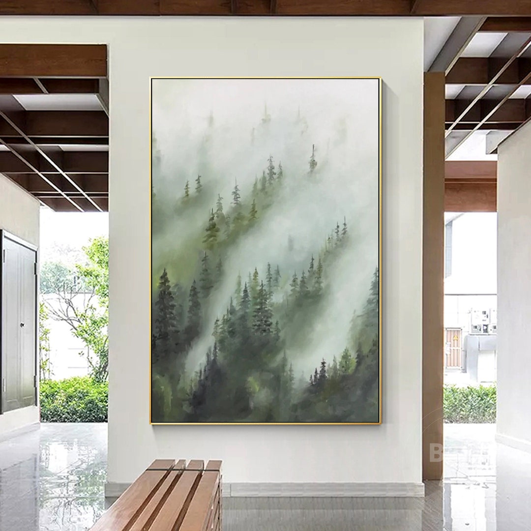 Abstract Foggy Forest Painting on Canvas Large Framed Wall Art Etsy