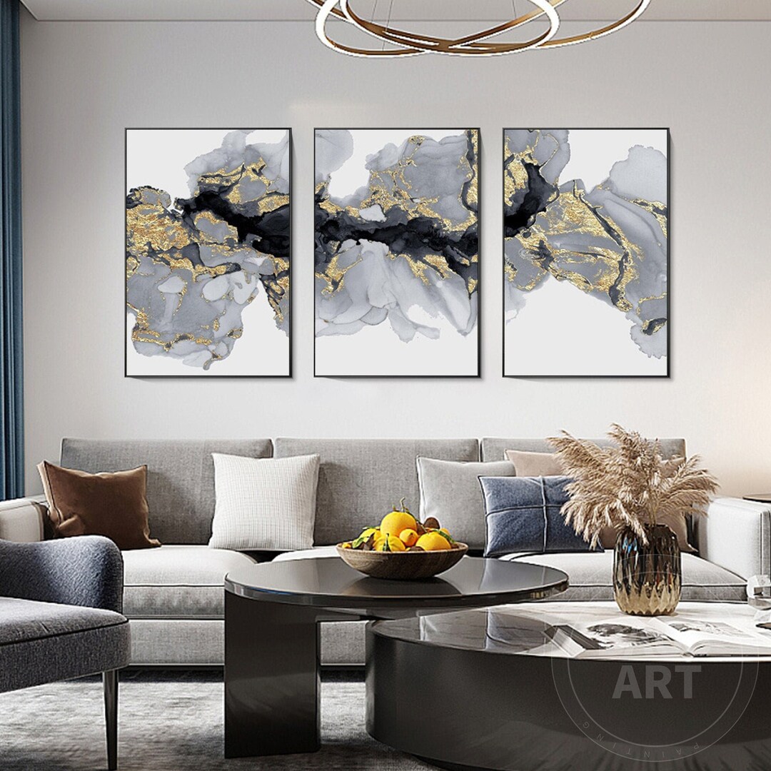 Set of 3 Gold and Black Abstract Watercolor Print on Canvas 3 Etsy