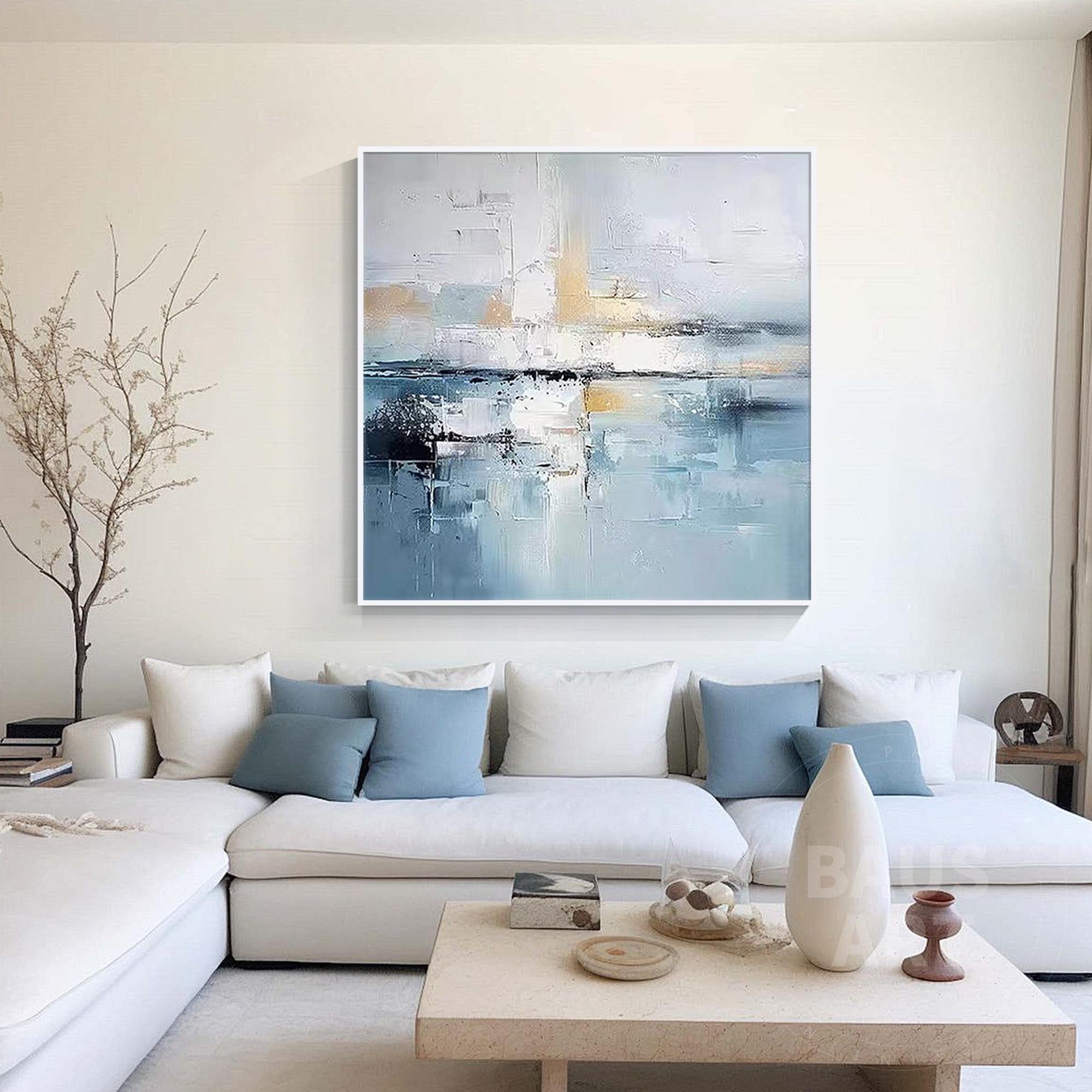 青と金の抽象アクリル画：大きな現代の海洋アート - Etsy 日本