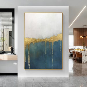 Turquoise blue gold Abstract Acrylic on Canvas Painting large Frame Wall Art grey wall art Painting Gold textured wall art Living Room decor
