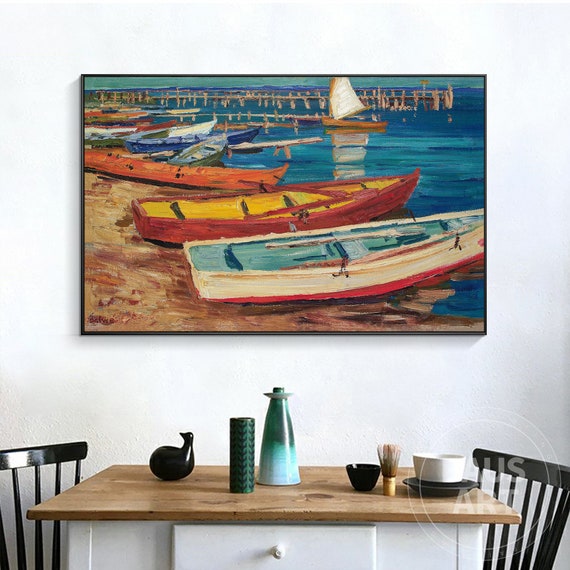 Impressionism Boats Beside the Lake Print Blue Orange Painting | Etsy