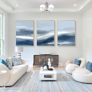 Navy Blue Gold Wall Art Abstract wall art  Set of 3 Canvas Painting Extra Large Blue Canvas Artwork Framed Contemporary wall art home decor