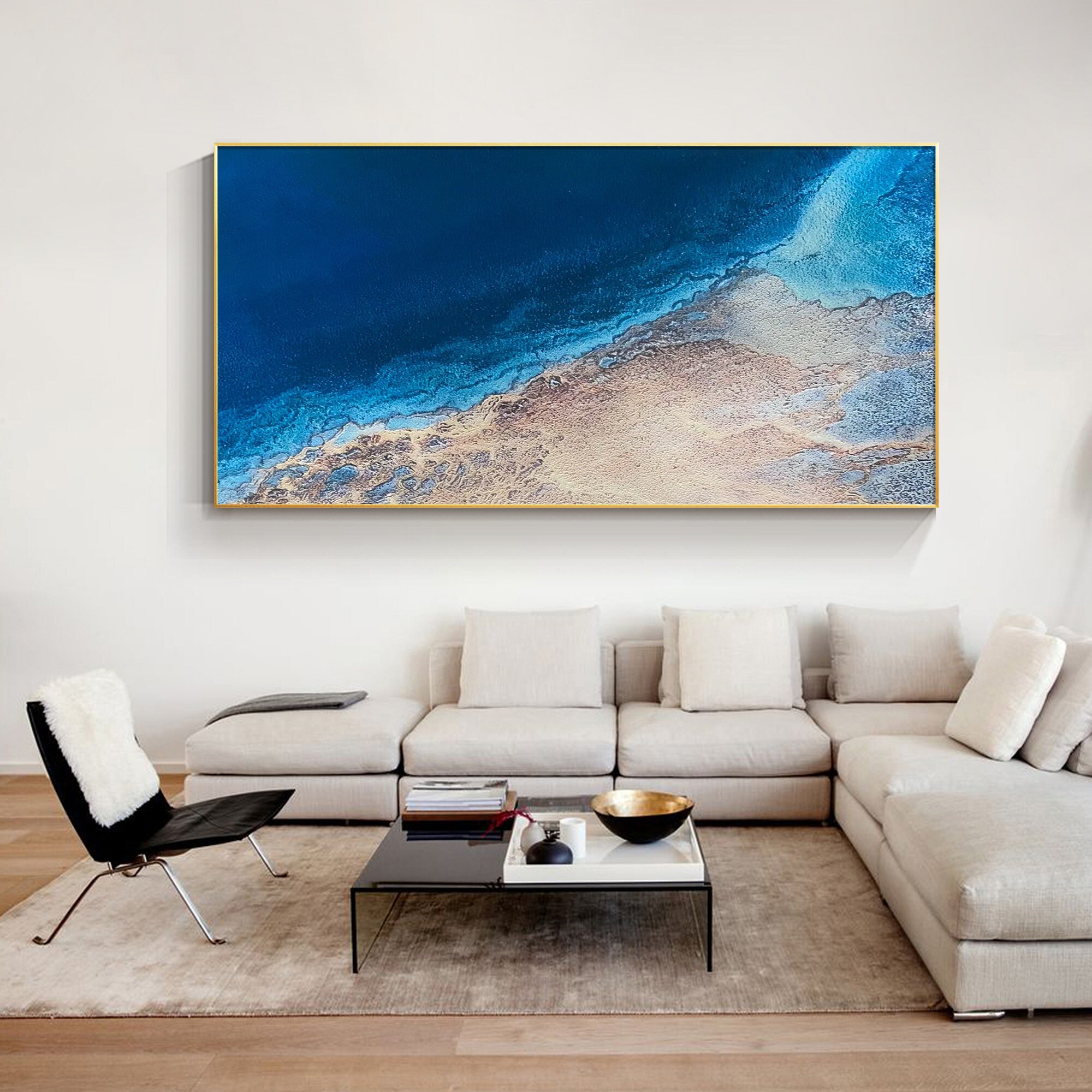 Navy Blue Abstract Ocean Painting: Large Framed Canvas Wall Art - Etsy