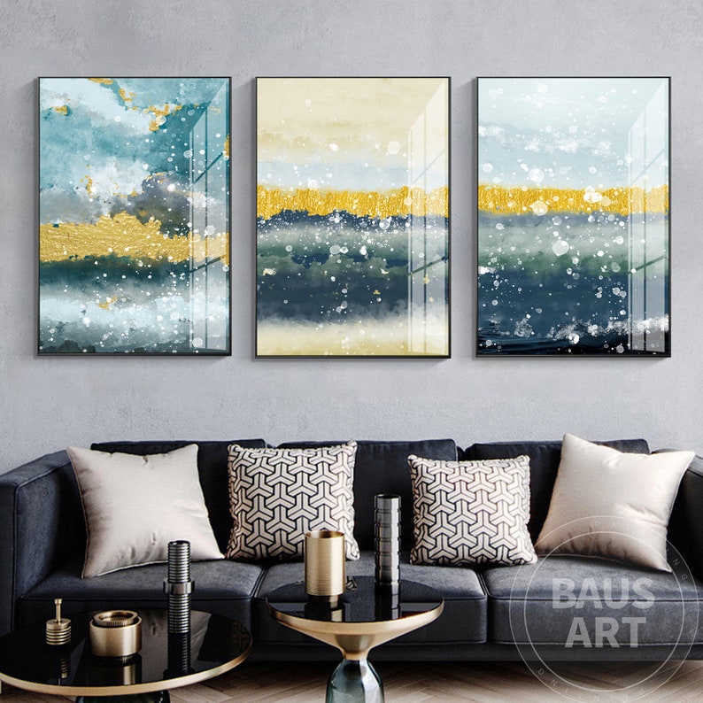 Abstract Painting Framed Wall Art Set of 3 Prints Abstract Green Blue and Yellow Painting Large 3 piece Wall Art prints Ready to Hang