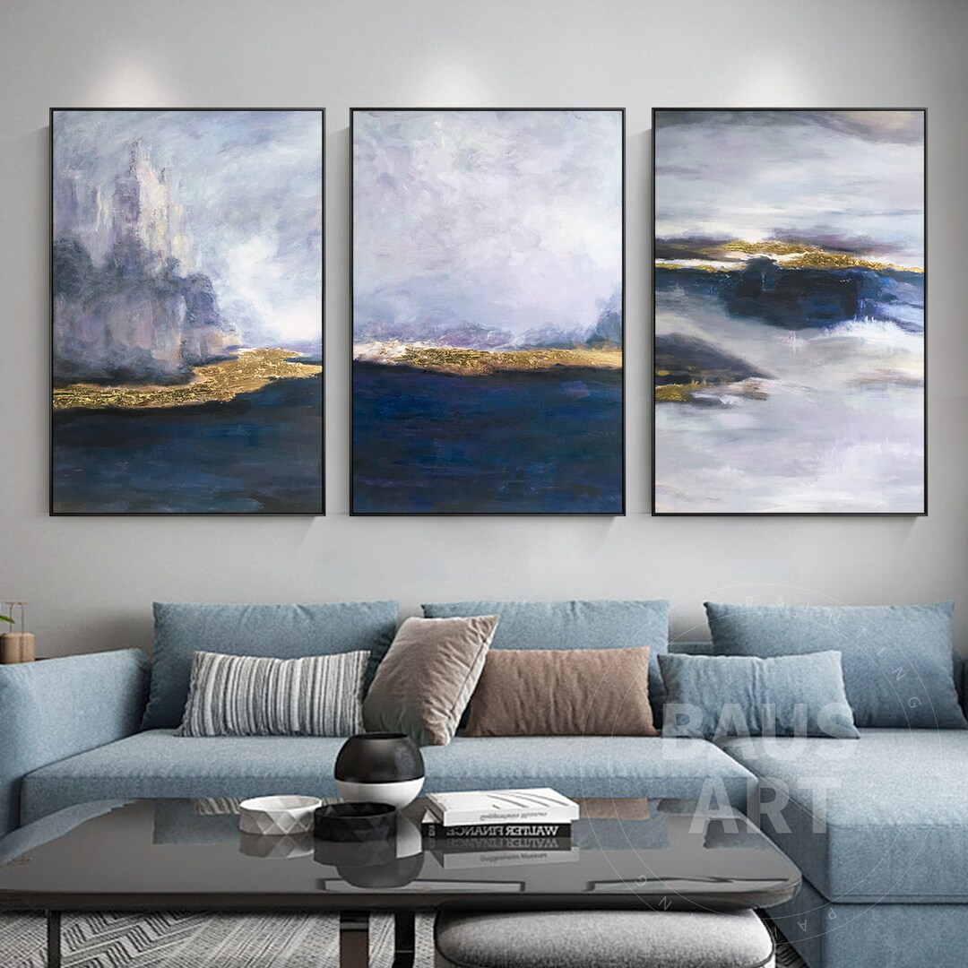 Abstract Blue Gold Wall Art Set of 3 Deep Blue Art on Canvas Large