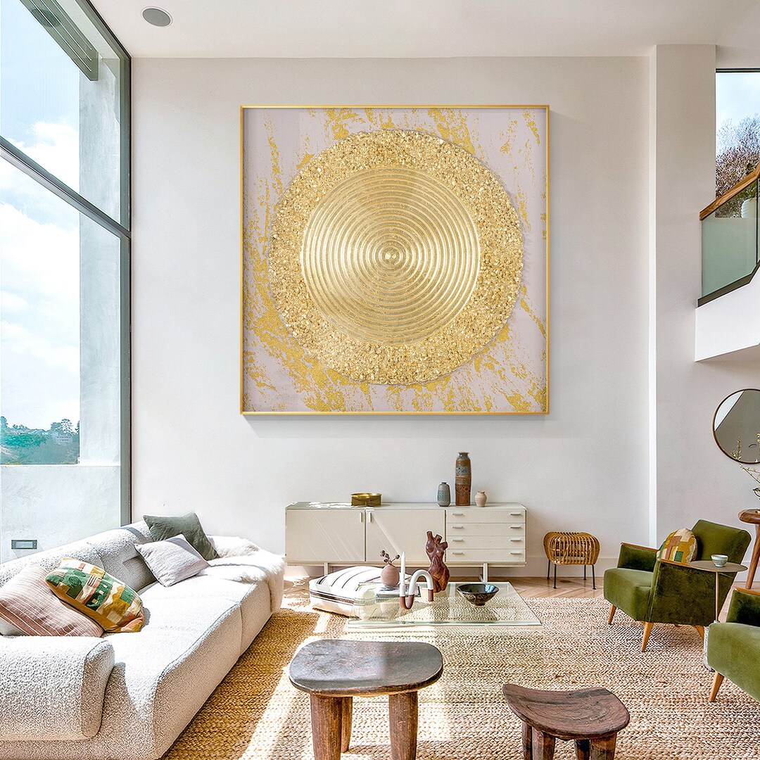 Gold Abstract 3D Textured Canvas Painting:beige Enso Circle Art Extra ...