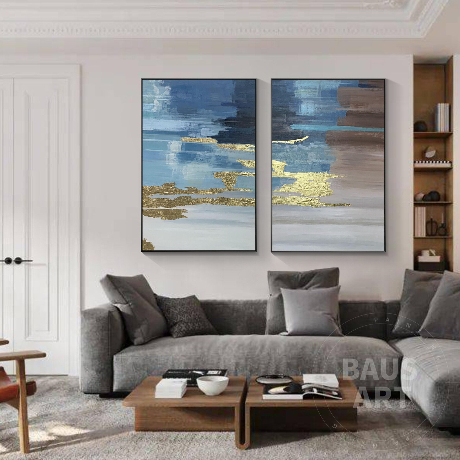 Blue Gold Abstract Wall Art Set of 2 Acrylic Canvas Painting Brown ...